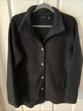 Susan Graver Weekend Black Sherpa Fleece
Button Front Jacket Coat Cozy Size M